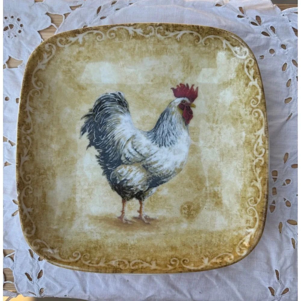 Rustic Rooster plate fine china square #1